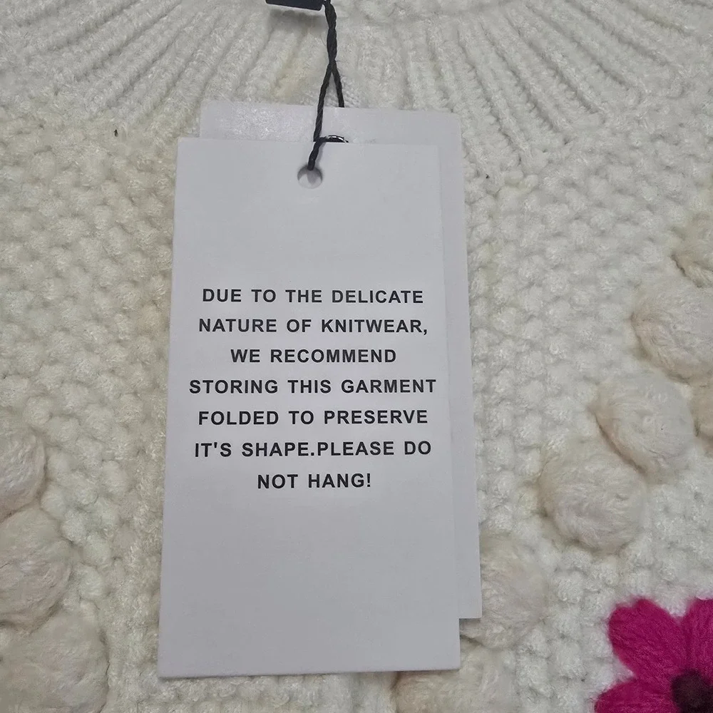 Allison New York Cottagecore Embroidered Pom Cardigan Cream Floral Sweater Small